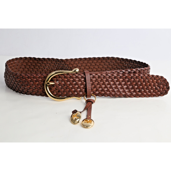 Michael Kors Belt Brown Braided Leather Gold Buckle Weave Boho Size L - Picture 3 of 16